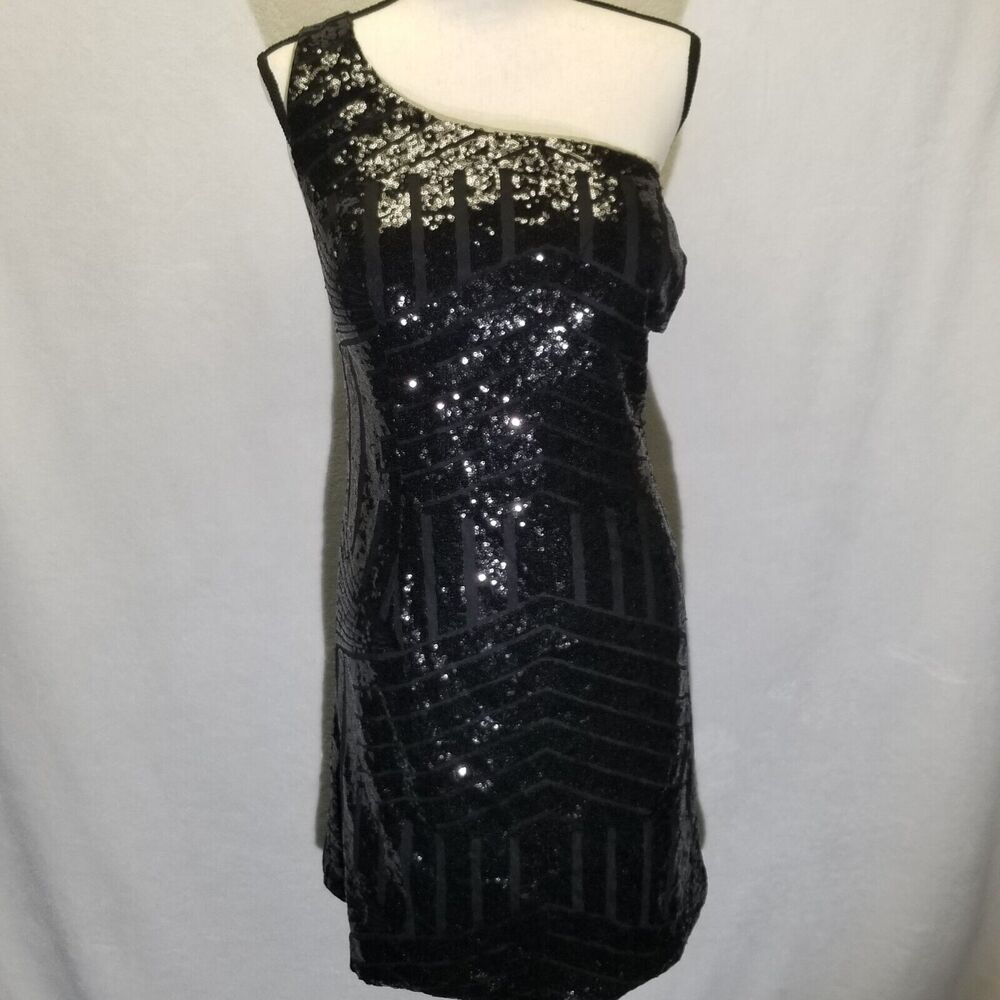 Ryanth 24 Dress One Shoulder Sequin Black Mini Cocktail New Year's Sparkle NEW